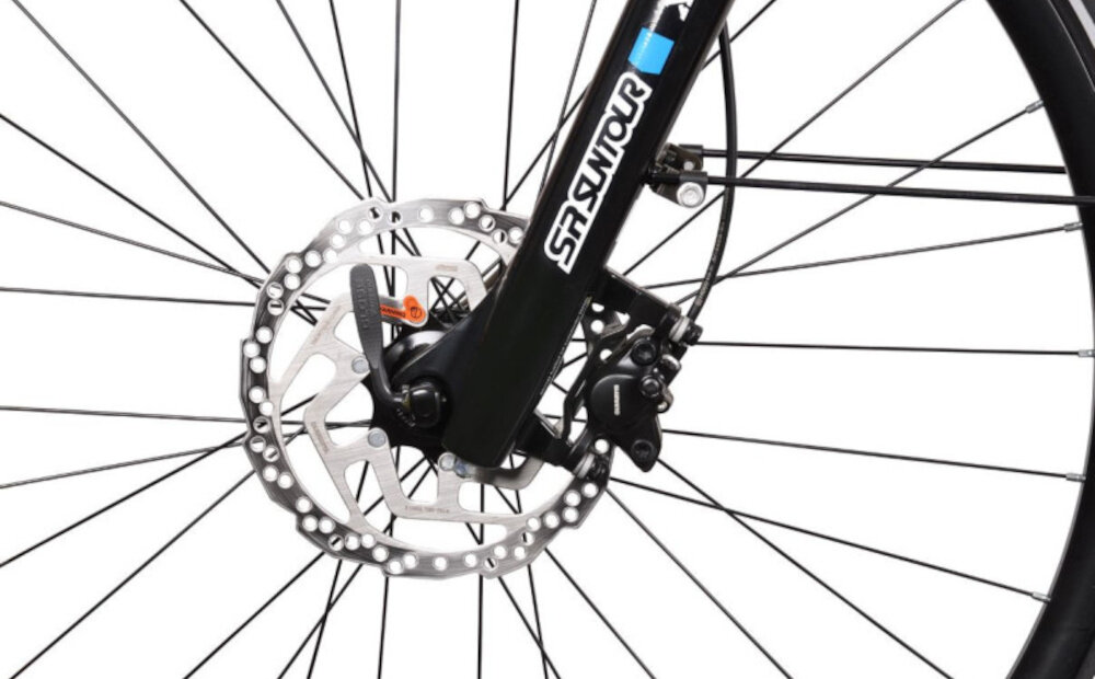 Rower elektryczny BOTTECCHIA Hydron M15 28 cali Antracytowy zbliżenie na tarczę hamulcową podstawa bezpieczeństwa hamulce tarczowe hydrauliczne duża siła hamowania płyn hamulcowy hamulce z przodu i z tłu podwójny pakiet bezpieczeństwa