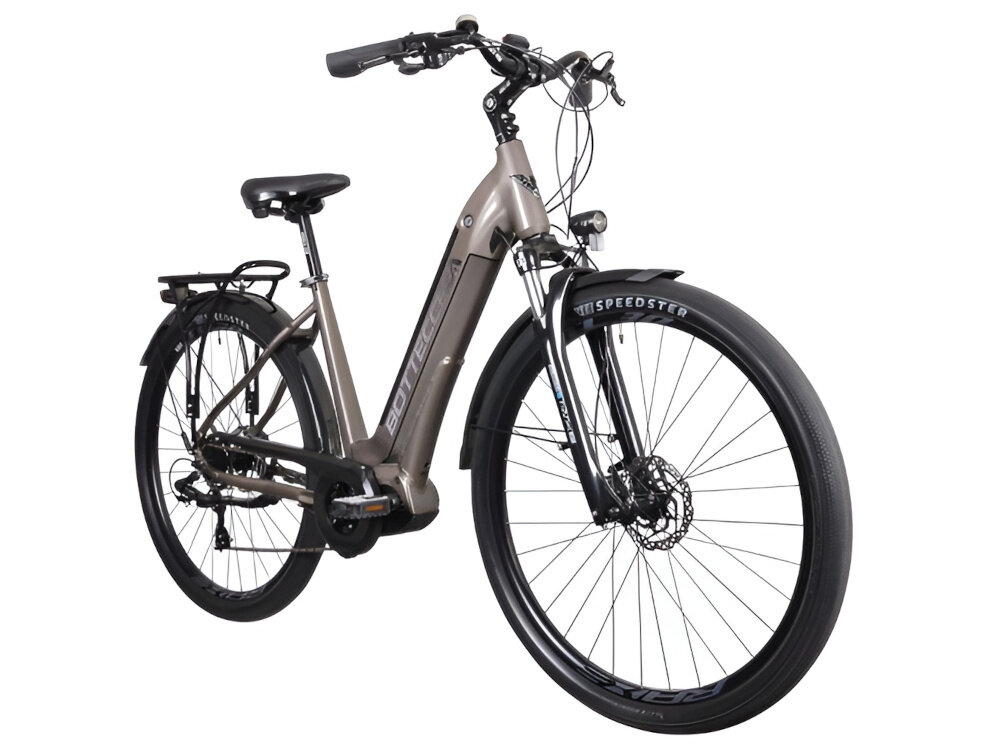 Rower elektryczny BOTTECCHIA Holliwood D19 28 cali Tytanowy rower na białym tle widoczny od przodu pod skosem damski rower elektryczny środek codziennego transportu do weekendowych przejażdżek wymaga również pracy mięśni nóg elektryczny układ napędowy wspomaga rowerzystę