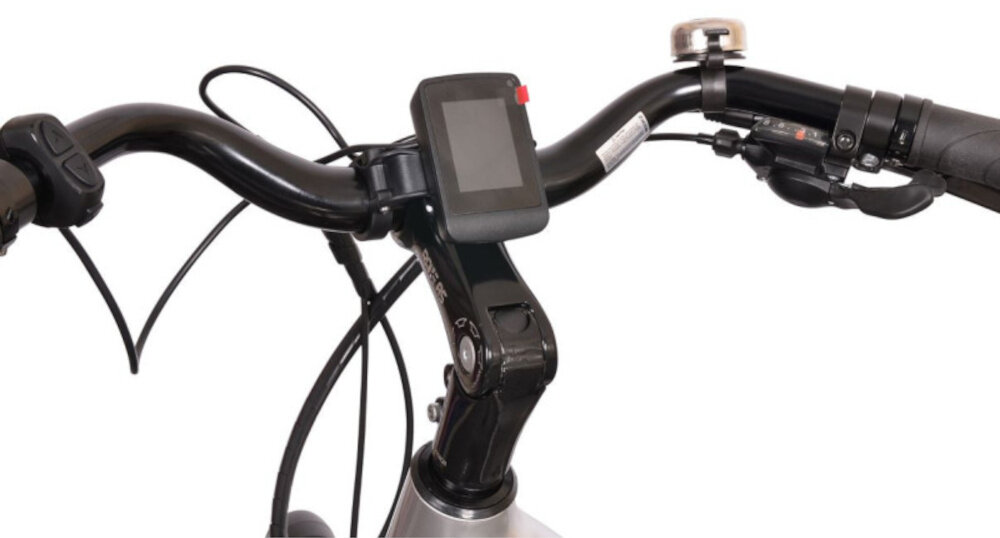 Rower elektryczny BOTTECCHIA Holliwood D19 28 cali Tytanowy kierownica z widocznym wyświetlaczem na białym tle aluminiowa kierownica antypoślizgowy materiał pewny chwyt komputer pokładowy monitorowanie kluczowych parametrów