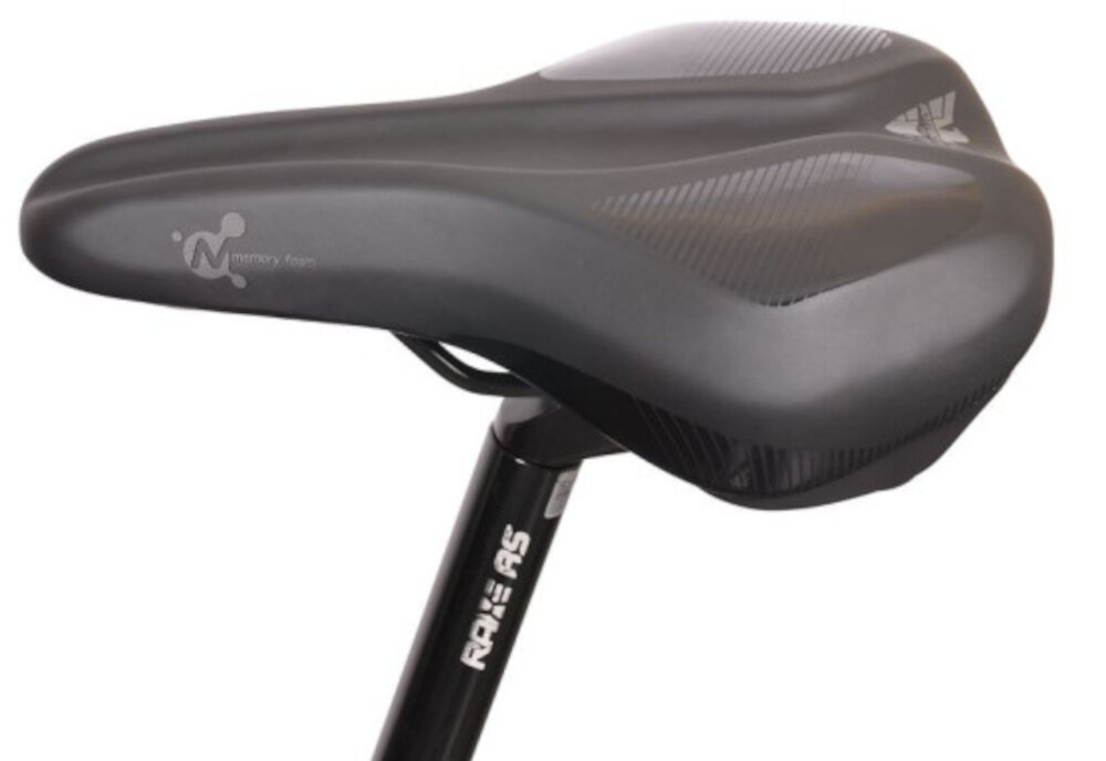 Rower elektryczny BOTTECCHIA Holliwood D19 28 cali Tytanowy siodełko na białym tle siodełko typu Memory Foam z pianki pamięciowej dopasowuje się do kształtu ciała rowerzysty nacisk jest równomiernie rozłożony pianka delikatnie amortyzuje drgania Memory Foam powraca do pierwotnego kształtu po odciążeniu