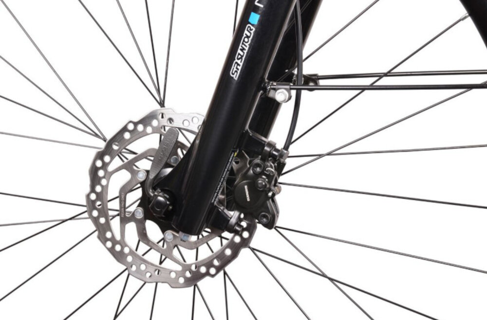 Rower elektryczny BOTTECCHIA Holliwood D19 28 cali Tytanowy zbliżenie na tarczę hamulcową podstawa bezpieczeństwa hamulce tarczowe hydrauliczne duża siła hamowania płyn hamulcowy hamulce z przodu i z tłu podwójny pakiet bezpieczeństwa