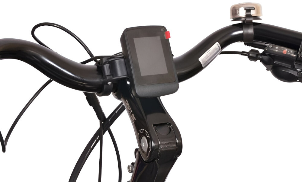 Rower elektryczny BOTTECCHIA Crossover D19 27.5 cala Czarny kierownica z widocznym wyświetlaczem na białym tle aluminiowa kierownica antypoślizgowy materiał pewny chwyt komputer pokładowy monitorowanie kluczowych parametrów