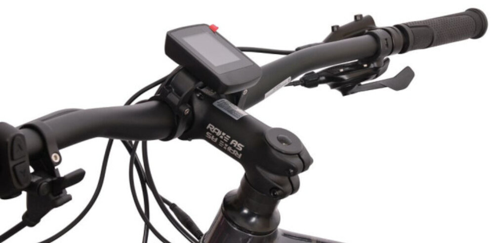 Rower elektryczny BOTTECCHIA Hydron M15 29 cali Antracytowy kierownica z widocznym wyświetlaczem na białym tle aluminiowa kierownica antypoślizgowy materiał pewny chwyt komputer pokładowy monitorowanie kluczowych parametrów