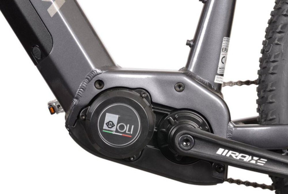 Rower elektryczny BOTTECCHIA Hydron M15 29 cali Antracytowy zbliżenie na silnik wytrzymały bezszczotkowy silnik renomowanej marki OLI E-bike System moc 250 W cicha i wydajna praca umiejscowiony centralnie niezauważalny