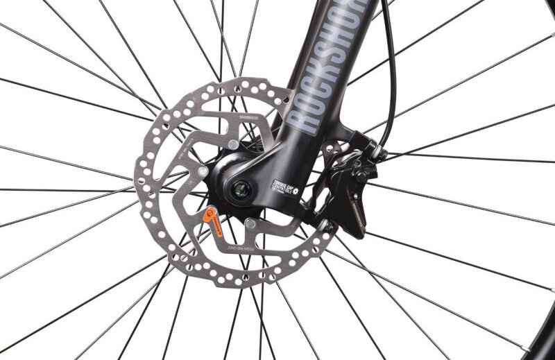 Rower elektryczny BOTTECCHIA Hydron M15 29 cali Antracytowy zbliżenie na tarczę hamulcową podstawa bezpieczeństwa hamulce tarczowe hydrauliczne duża siła hamowania płyn hamulcowy hamulce z przodu i z tłu podwójny pakiet bezpieczeństwa