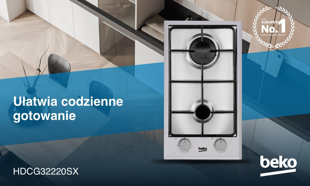 PŁYTA BEKO HDCG 32220 SX Na grafice widoczna jest czarna płyta gazowa Beko z czterema palnikami i czterema pokrętłami umieszczonymi pionowo po prawej stronie, zaprezentowana na tle jasnej kuchni z blatem i zlewem. Na niebieskim pasie po lewej stronie umieszczono hasło „Ułatwia codzienne gotowanie”, oznaczenie modelu HDCG 32220 SX oraz logo Beko, a w prawym górnym rogu znajduje się znak „Europe’s No.1”.