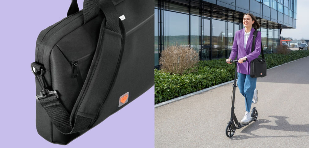 Torba na laptopa HAMA Extreme Protect materiał 3D 15.6-16.2 cali Czarny prezentacja torby na fioletowym tle obok dziewczyna jadąca na hulajnodze z torbą na ramieniu funkcjonalność w podróży