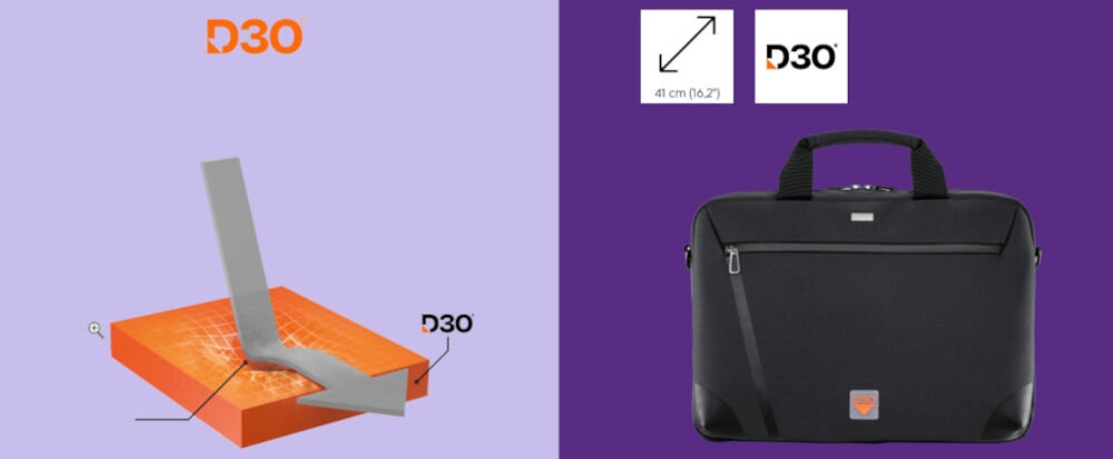 Torba na laptopa HAMA Extreme Protect materiał 3D 15.6-16.2 cali Czarny prezentacja torby na fioletowym tle ukazanie działania ramy ochronnej D30 przekątna torby 41 cm zabezpieczenie sprzętu rama ochronna z D30 amortyzuje wstrząsy wzmocnione krawędzie