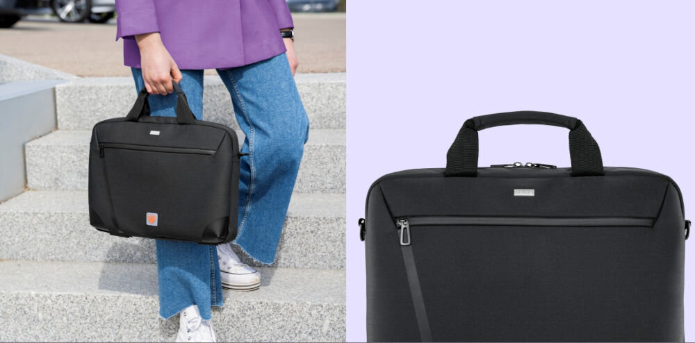 Torba na laptopa HAMA Extreme Protect materiał 3D 15.6-16.2 cali Czarny prezentacja torby na fioletowym tle obok dziewczyna trzymająca torbę schodząca ze schodów kieszeń z organizerem wygodne przechowywanie