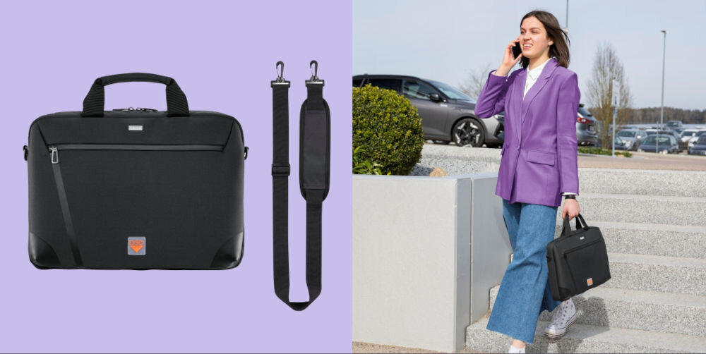 Torba na laptopa HAMA Extreme Protect materiał 3D 15.6-16.2 cali Czarny prezentacja torby z paskiem na fioletowym tle obok dziewczyna schodząca ze schodów z torbą w ręcę rozmawiająca przez telefon regulowany odpinany pasek na ramię powlekane uchwyty komfort ukryty zamek błyskawiczny ochrona zawartości przed kurzem i uszkodzeniami