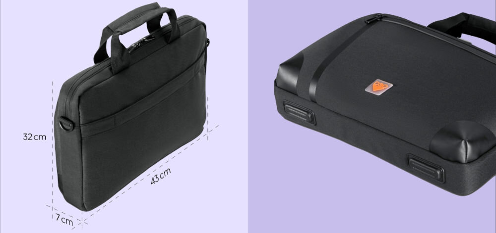 Torba na laptopa HAMA Extreme Protect materiał 3D 15.6-16.2 cali Czarny prezentacja leżącej torby obok przedstawienie jej wymiarów na fioletowym tle antypoślizgowe stopki ochrona przed zarysowaniami solidne wykonanie trwałość