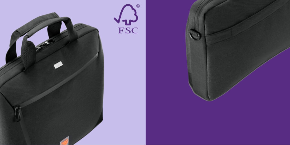 Torba na laptopa HAMA Extreme Protect materiał 3D 15.6-16.2 cali Czarny prezentacja torby na fioletowym tle akcenty z recyklingowanej skóry ekologicznej opakowanie z certyfikatem FSC