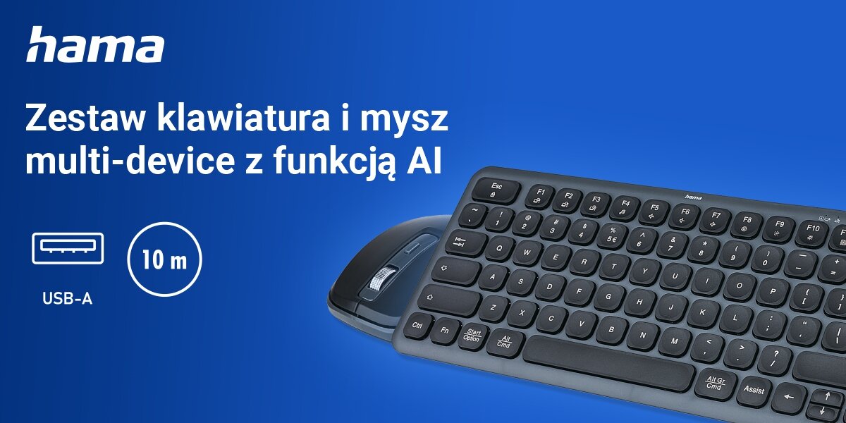 Zestaw HAMA WK-500 Czarno-Szary
Komfort w codziennej pracy, niebieskie tło, klawiatura, mysz, logo producenta, ikona USB-A