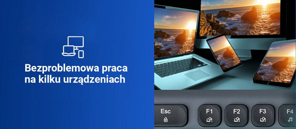Zestaw HAMA WK-500 Czarno-Szary,
możliwość jednoczesnego sparowania z trzema urządzeniami poprzez 1 kanał radiowy i 2 połączenia bluetooth, szybkie przełączanie między urządzeniami za pomocą przycisków F1-F3,
niebieskie tło, laptop, tablet, smartfon, przyciski do przełączania urządzeń, biały napis bezproblemowa praca na kilku urządzeniach