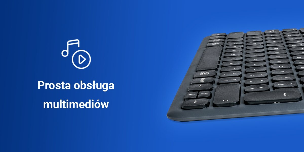 Zestaw HAMA WK-500 Czarno-Szary szybki dostęp do funkcji,
funkcja FN-Lock, produkt bokiem na niebieskim tle, ikona multimediów, biały napis prosta obsługa multimediów