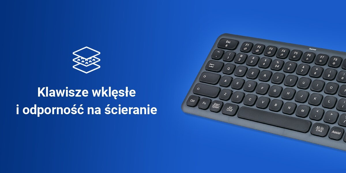 Zestaw HAMA WK-500 Czarno-Szary,
kompaktowa forma, brak bloku numerycznego, wymiary ok. 206 x 129 x 17 mm, obudowa z tworzywa ABS, ergonomiczne, wklęsłe klawisze, klawisze numeryczne, wbudowany wyłącznik
lewa połowa klawiatury oraz biały napis Klawisze wklęsłe i odporność na ścieranie na niebieskim tle