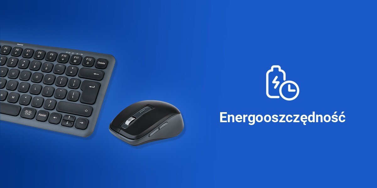 Zestaw HAMA WK-500 Czarno-Szary,
praktyczne zasilanie dwiema bateriami AAA (4 baterie w zestawie), automatyczne przejście w tryb
uśpienia po 5 minutach bezczynności, klawiatura, mysz oraz biały napis Energooszczędność na niebieskim tle