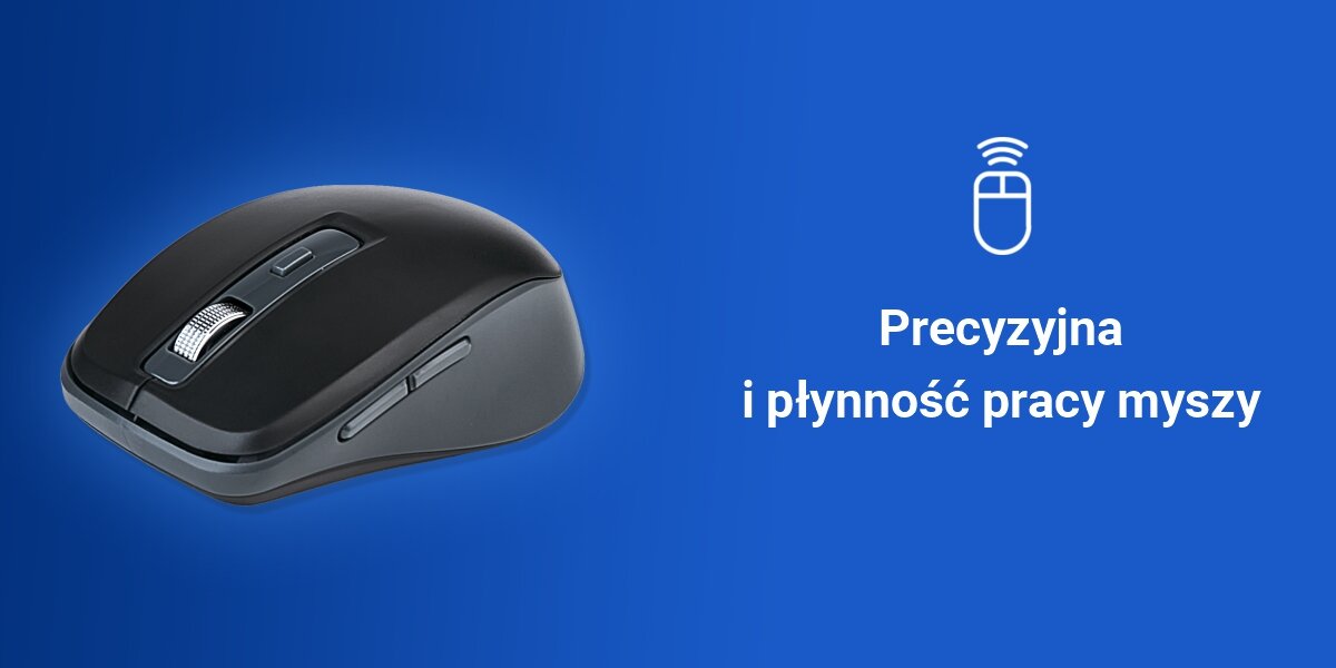 Zestaw HAMA WK-500 Czarno-Szary
płynna praca myszki, ergonomiczny kształt, zaprojektowany z myślą o osobach praworęcznych, polimerowe ślizgacze, regulacja dpi, 3 stopnie czułości - 800, 1200, 1600 DPI
mysz oraz biały napis Płynna praca myszy na niebieskim tle