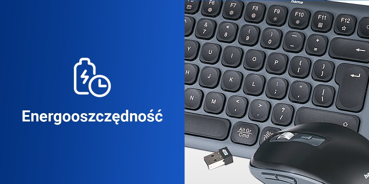 Zestaw HAMA WKM-550 Czarno-szary,
praktyczne zasilanie dwiema bateriami AAA (4 baterie w zestawie), automatyczne przejście w tryb
uśpienia po 5 minutach bezczynności, niebieskie tło, klawiatura i mysz na białym tle, napis energooszczędność