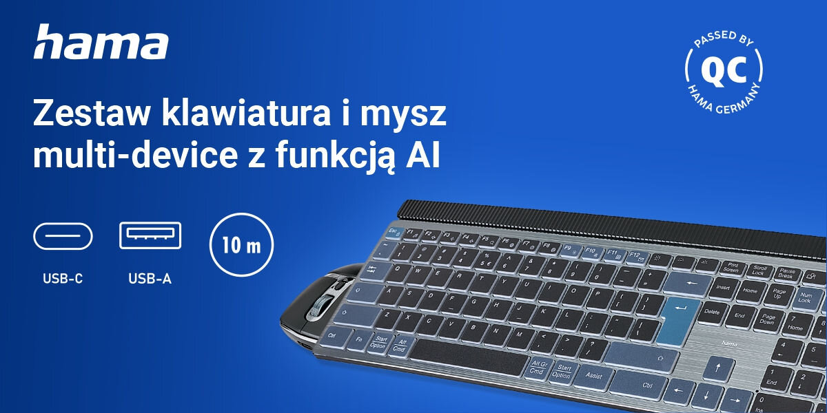 Zestaw HAMA WK-750 Szary komfort w codziennej pracy, niebieskie tło, klawiatura, mysz, logo producenta, biała ikona USB-A, biała ikona USB-C