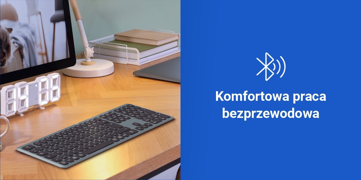 Klawiatura HAMA WK-550 Multi-Device Assist AI, wygodna bezprzewodowość
technologie 2,4 GHz (adapter 2,4 GHz USB-A w zestawie), bluetooth 5.2, zasięg do 10 metrów, funkcja plug & play,
niebieskie tło, produkt na biurku