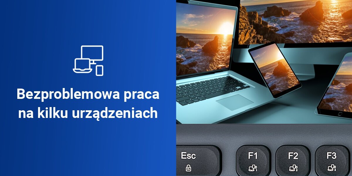 Klawiatura HAMA WK-550 Multi-Device Assist AI,
możliwość jednoczesnego sparowania z trzema urządzeniami poprzez 1 kanał radiowy i 2 połączenia bluetooth, szybkie przełączanie między urządzeniami za pomocą przycisków F1-F3,
niebieskie tło, laptop, tablet, smartfon, przyciski do przełączania urządzeń