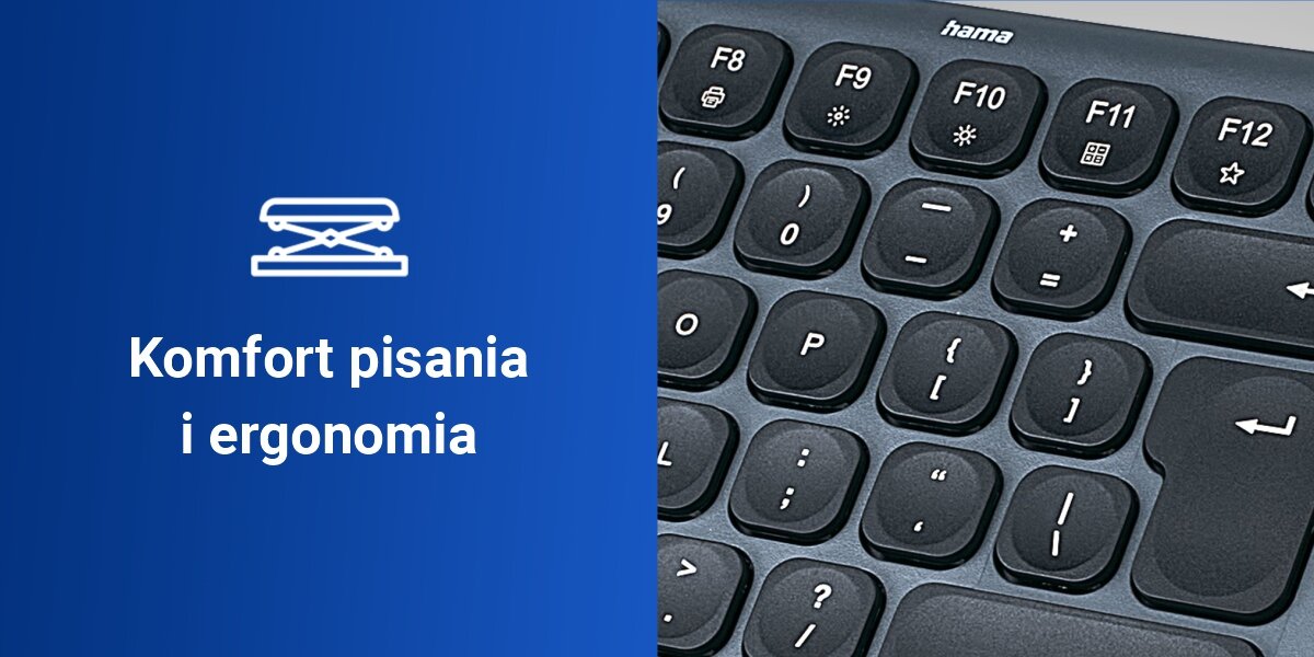 Klawiatura HAMA WK-550 Multi-Device Assist AI ciche i responsywne klawisze, mechanizm nożycowy, laserowy nadruk na przyciskach
niebieskie tło, produkt ze zbliżeniem na klawisze, napis komfort pisania i ergonomia