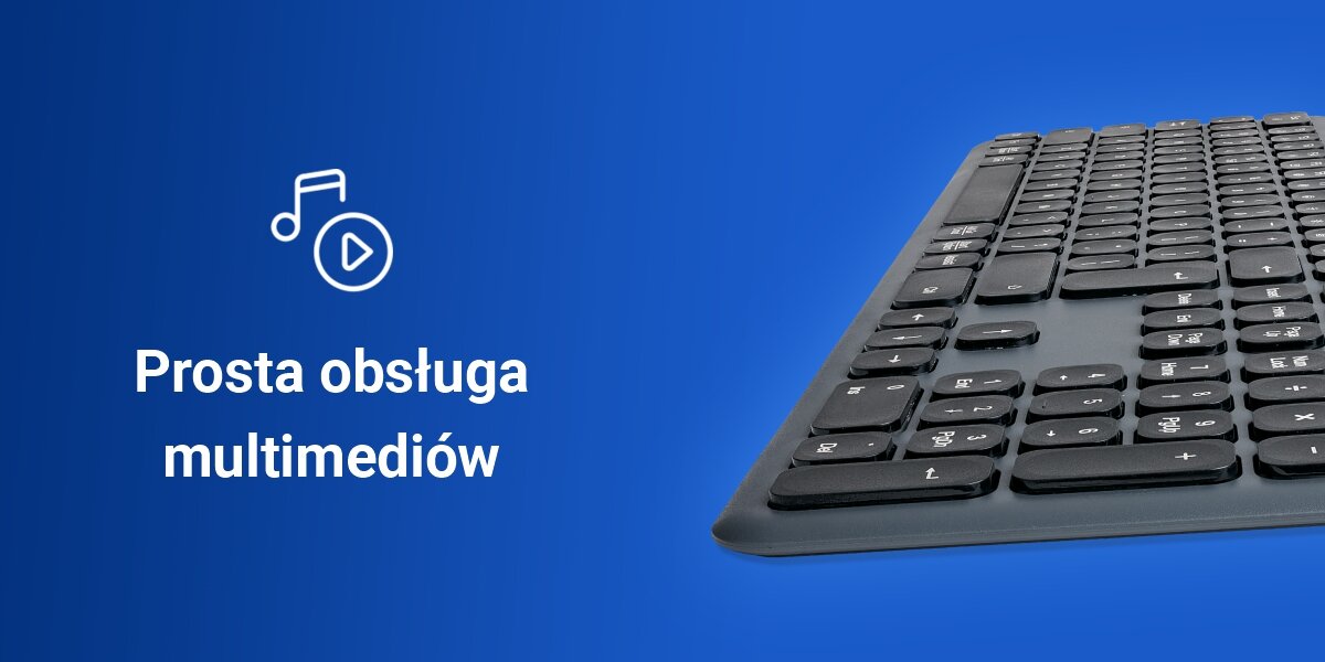 Klawiatura HAMA WK-550 Multi-Device Assist AI szybki dostęp do funkcji dedykowane
klawisze multimedialne, funkcja FN-Lock, produkt na niebieskim tle, ikona multimediów
