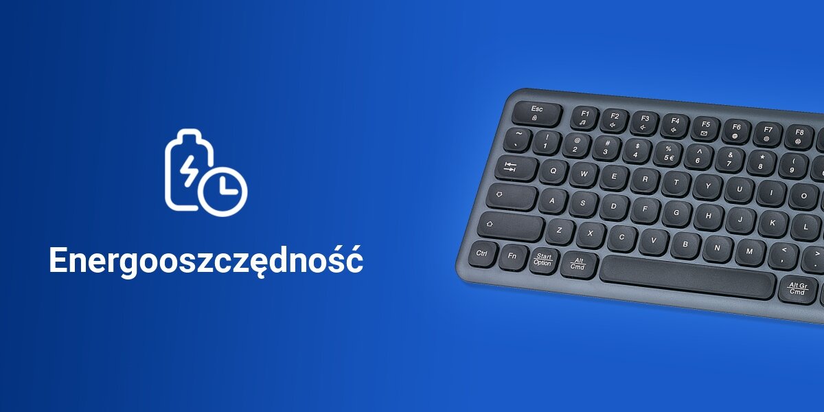 Klawiatura HAMA WK-550 Multi-Device Assist AI,
praktyczne zasilanie dwiema bateriami AAA (baterie w zestawie), automatyczne przejście w tryb
uśpienia po 5 minutach bezczynności, produkt na niebieskim tle