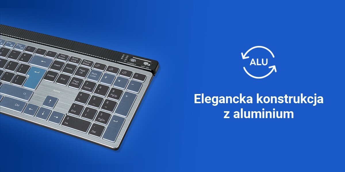Klawiatura HAMA WK-750 Multi-Device Assist AI,
solidna konstrukcja z aluminium, możliwość schowania adaptera USB-A w obudowie,
produkt oraz biały napis elegancka konstrukcja z aluminium na niebieskim tle