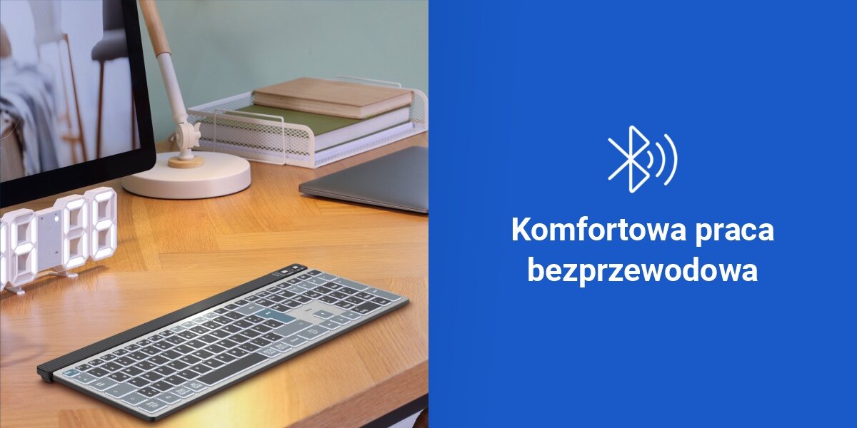 Klawiatura HAMA WK-750 Multi-Device Assist AI, wygodna bezprzewodowość,
technologie 2,4 GHz (adapter 2,4 GHz USB-A w zestawie), bluetooth 5.2, zasięg do 10 metrów, funkcja plug & play,
klawiatura na biurku, napis komfortowa praca bezprzewodowa na niebieskim tle