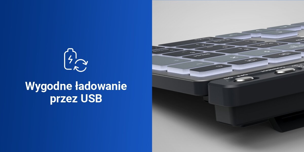 Klawiatura HAMA WK-750 Multi-Device Assist AI,
praktyczne zasilanie, wbudowane akumulatory litowo-polimerowe, w zestawie kabel USB-A / USB-C do ładowania,
czas działania klawiatury do 20 dni, automatyczny tryb uśpienia po 5 minutach bezczynności, klawiatura
na szarym tle, biały napis wygodne ładowanie przez USB na niebieskim tle