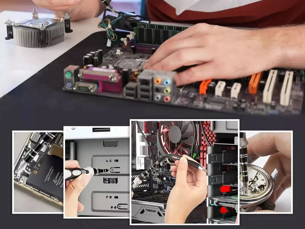 Zestaw narzędzi EXTRALINK EX.21410 EXTRALINK 118W1-1309  napraw elektroniki, składania mebli czy montażu drobnych elementów 118 końcówek ergonomicznym uchwytom - na grafice widoczna płyta główna oraz kilka innych prac przy komputerze