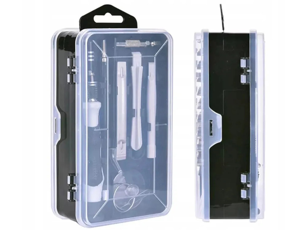 Zestaw narzędzi EXTRALINK EX.21410 118 elementów magnetyczny śrubokręt, pęseta, lewarki trójkątne, łomy z tworzywa sztucznego oraz szeroki wybór bitów. ergonomicznym etui Przejrzysty układ wewnętrzny - opaskowanie narzędzi na białym tle