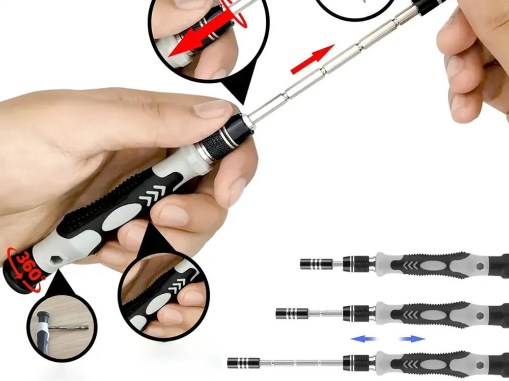 Zestaw narzędzi EXTRALINK EX.21410 EXTRALINK 118W1-1309 stali o zwiększonej odporności na ścieranie oraz wytrzymałego tworzywa sztucznego Długość wkrętaka wynosząca 117 mm solidne materiały - teleskopowy wkrętak na białym tle