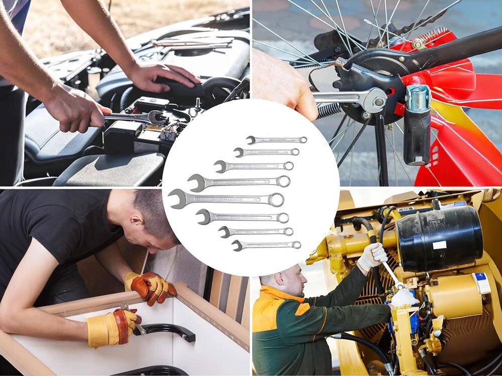 Zestaw kluczy płasko-oczkowych EXTRALINK 1291 (8 elementów), klucz, zestaw, praca, montaż, 4 środowiska zastosowań kluczy płasko oczkowych, po środku zdjęcie w bieli całego zestawu kluczy