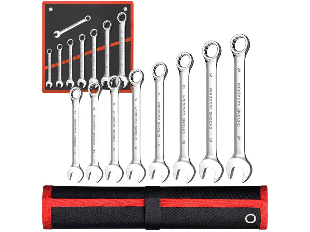 Zestaw kluczy płasko-oczkowych EXTRALINK 1291 (8 elementów), gotowy, wsparcie, efektywność, wygoda, na białym tle zestaw kluczy oraz etui na klucze