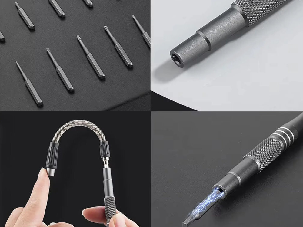 EXTRALINK 128W1-1307 EXTRALINK 128W1-1307 Końcówki o długościach od 28 mm do 40 mm drobnych śrub w elektronice i mechanice precyzyjnej. - przedstaweienie bitów, przełużki elastycznej, wkrętaka i grafika pokazująca magentyczny uchwyt