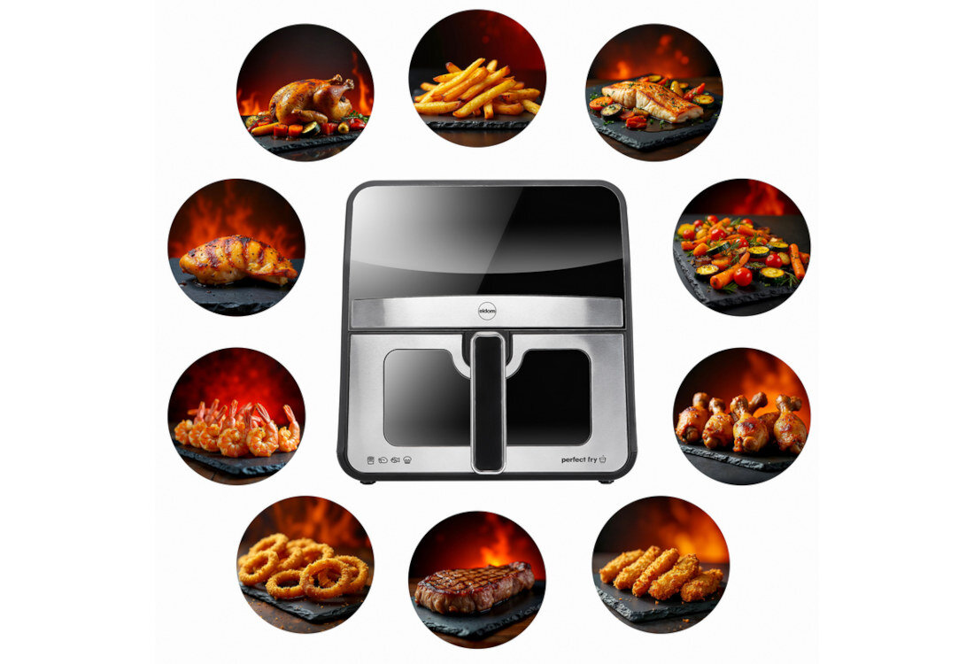 Air Fryer Frytkownica beztłuszczowa ELDOM FR50 obieg gorącego powietrza równomiernie piecze potrawy zdrowe mało kaloryczne lekkie jedzenie smak pojemność pełnowartościowy obiad