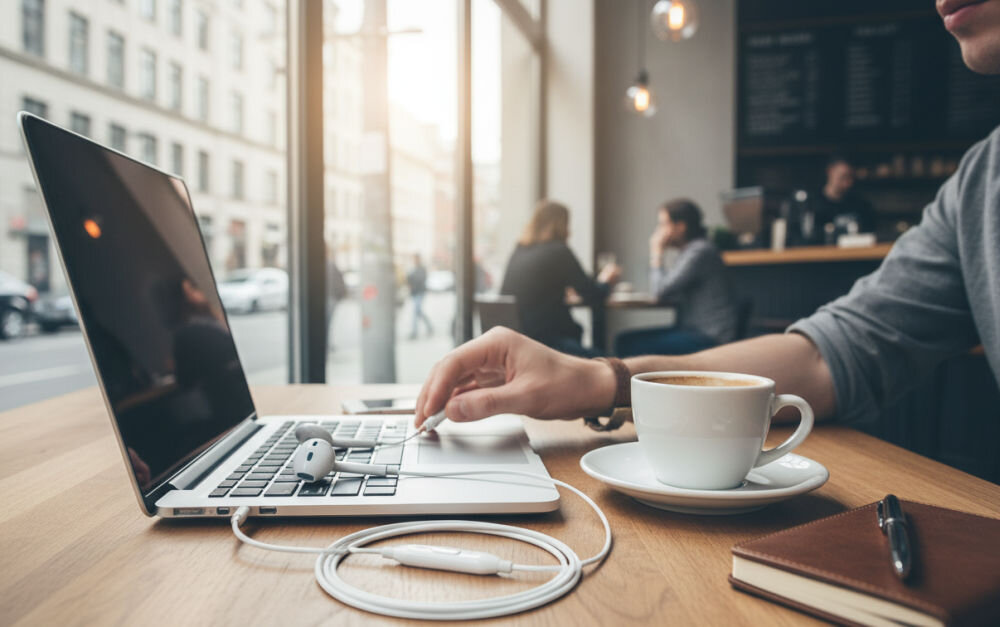 Słuchawki douszne 4SMARTS Melody Lite - słuchawki podłączone do laptopa