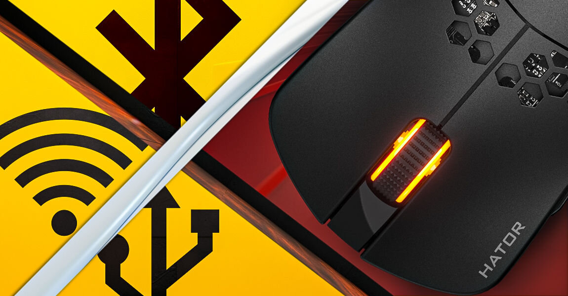 Mysz HATOR Stellar Pro HTM550
trzy rodzaje połączenia: przewodowe za pomocą kabla zakończonego wtyczką USB-C (kabel USB-A / USB-C o długości ok.
2,1 metra w zestawie), bezprzewodowe za pomocą adaptera USB-A 2,4 GHz, bluetooth,
pomarańczowe tło, czarne ikony: bluetooth, Wi-Fi, USB, mysz od góry wykadrowana na koło