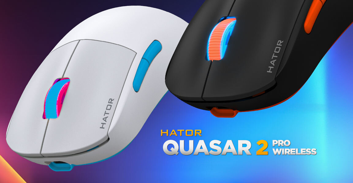 Mysz HATOR Quasar 2 Pro HTM560BO
							fioletowo-niebieskie tło, biała oraz czarna mysz, napis HATOR QUASAR 2 PRO WIRELESS