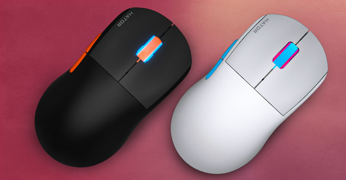 Mysz HATOR Quasar 2 Pro HTM560BO 
					lekkość i wygoda, waga ok. 50 g, symetryczna konstrukcja, niska waga, połączenie mobilności, kontroli i komfortu,
					czarna oraz biała mysz od góry pod skosem