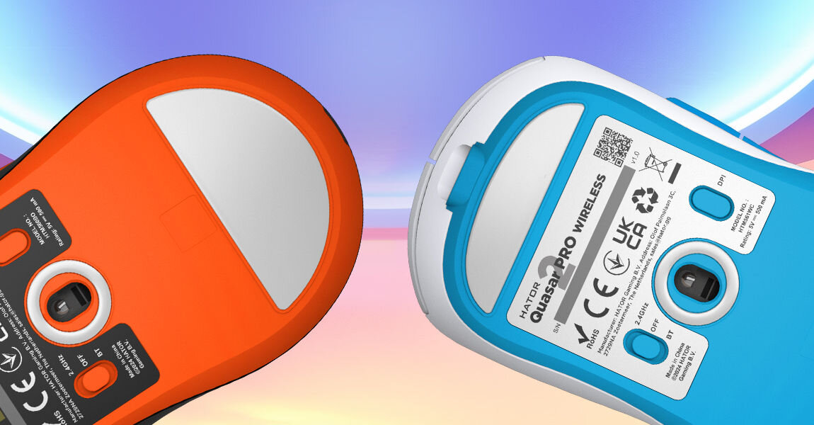 Mysz HATOR Quasar 2 Pro HTM560BO
					płynny ruch, teflonowe ślizgi, niski opór, w zestawie zapasowy zestaw ślizgaczy,
					dwie myszki od spodu, widoczne ślizgi