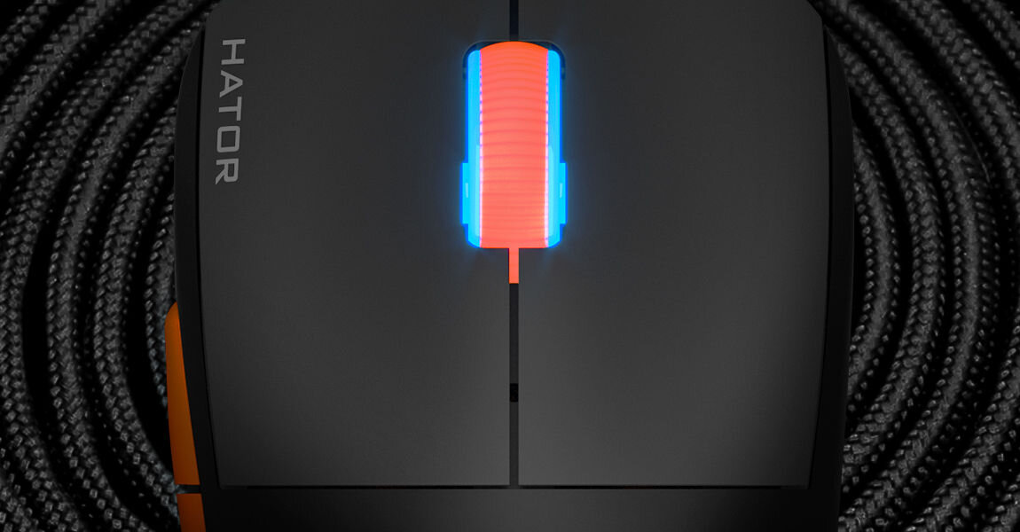 Mysz HATOR Quasar 2 Pro HTM560BO
					wygodny, miękki kabel paracord USB-A / USB-C o długości ok. 1,8 metra, adapter USB-A / USB-C w zestawie, możliwość odłączenia kabla,
					widok od góry ze zbliżeniem na kółko myszy, kabel