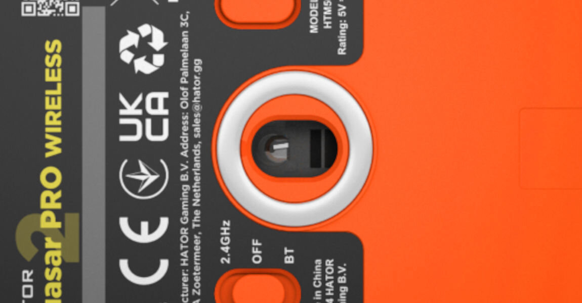 Mysz HATOR Quasar 2 Pro HTM560BO
					precyzyjny sensor optyczny PixArt 3395 o rozdzielczości do 26 000 DPI,
					mysz od spodu, zbliżenie na sensor