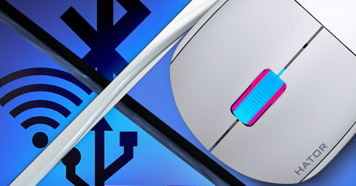 Mysz HATOR Quasar 2 Pro HTM560BO
					trzy rodzaje połączenia: przewodowe za pomocą kabla zakończonego wtyczką USB-C (kabel USB-A / USB-C o długości ok. 
					1,8 metra w zestawie), bezprzewodowe za pomocą adaptera USB-A 2,4 GHz, bluetooth,
					niebieskie tło, czarne ikony: bluetooth, Wi-Fi, USB, mysz od góry wykadrowana na koło