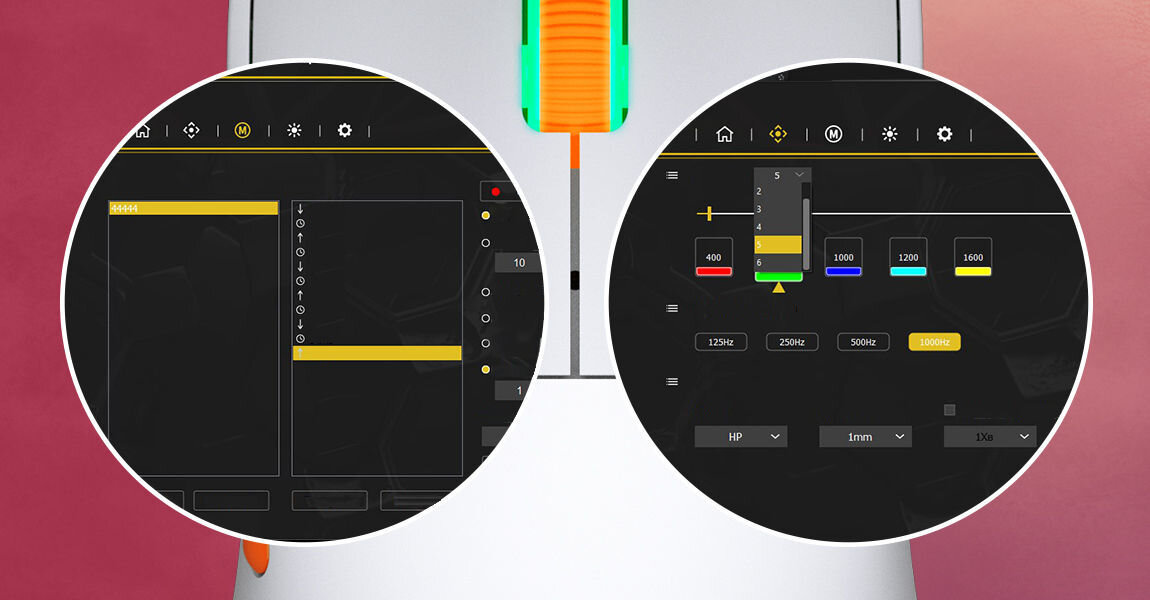 Mysz HATOR Quasar 2 Pro HTM560BO
					dostosuj ją do siebie, dedykowane oprogramowanie firmy HATOR umożliwiające konfigurację ustawień DPI, przypisanie funkcji do przycisków, zmianę efektów podświetlenia,
					pomarańczowe tło, mysz od góry, dwa okręgi ze zrzutami ekranu z aplikacji