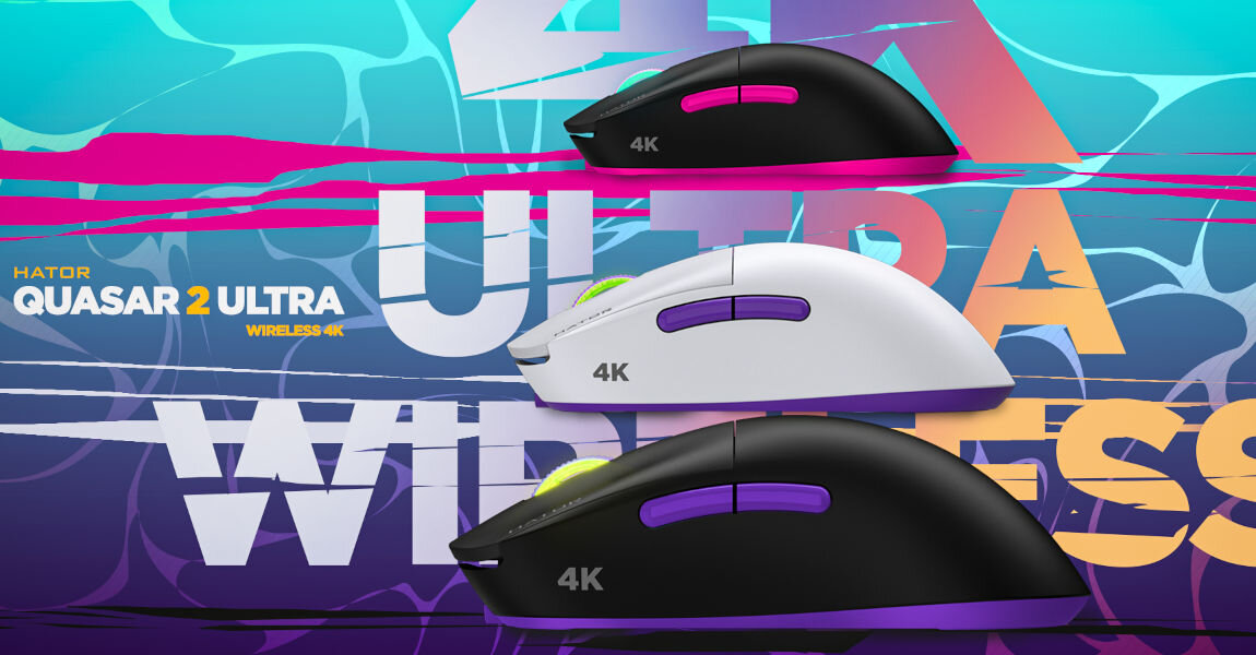 Mysz HATOR Quasar 2 Ultra 4K HTM570BP
							trzy myszki: czarna, biała oraz czarna, napis HATOR Quasar 2 Ultra WIRELESS