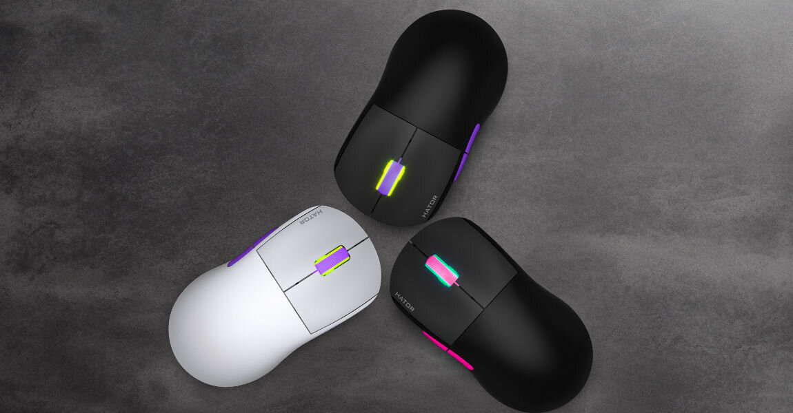 Mysz HATOR Quasar 2 Ultra 4K HTM570BP 
					lekkość i wygoda, waga ok. 58 g, symetryczna konstrukcja, niska waga, powłoka UV Coating, połączenie mobilności, kontroli i komfortu,
					widok od góry na trzy myszki na szarej powierzchni